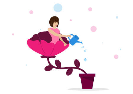 Happy girl sitting in the flowers and watering The concept of loving yourself and a healthy lifestyle Vector illustration.のイラスト素材