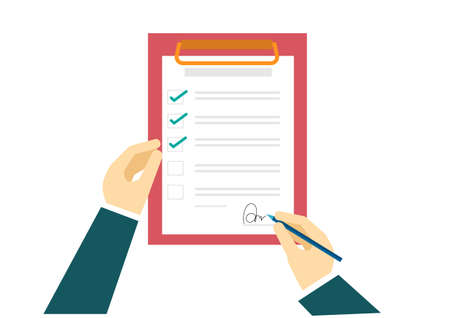 A man with a pen with a list of customers On paper in the clipboard. Flat style cartoon illustration vector&#xD;&#xA;のイラスト素材