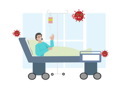 Character young man sick infected with coronavirus lying in bed bedroom interior quarantine medical treatment. Flat style cartoon illustration vectorのイラスト素材