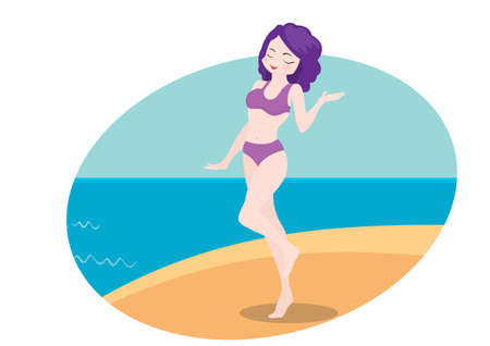 On the picture, a young woman in a bathing suit from the sea, a beautiful purple swimsuit fashion show. Young women are attractive and beautiful. Flat style cartoon illustration vectorのイラスト素材