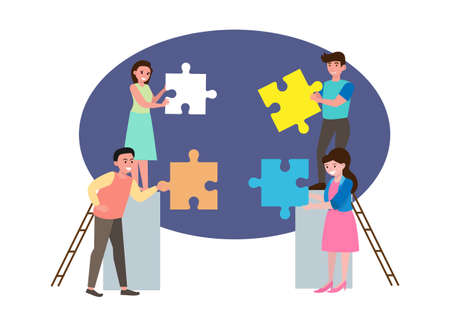 Business team work connecting jigsaw puzzles pieces together. Idea for inspiration, partnership, team buildingのイラスト素材