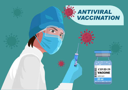 The doctor was wearing a mask, rubber gloves, with a syringe in his hand. Flat style cartoon illustration vector&#xD;&#xA;のイラスト素材