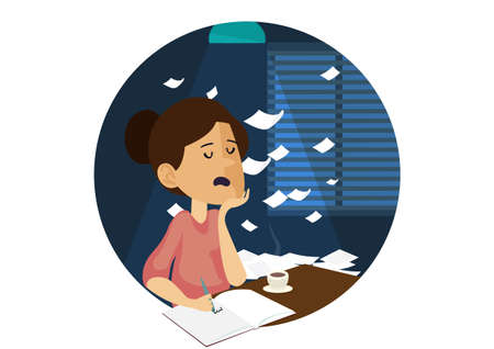 Female character working paperwork from home Till night She was tired and fell asleep. Home work ideas to reduce the spread of COVID-19. Flat style cartoon illustration vectorのイラスト素材
