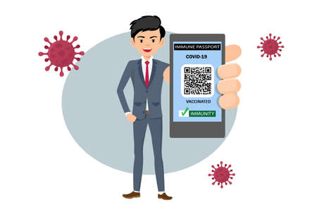 Freedom of movement The electronic health passport in the application on the mobile phone screen of the businessman has a QR-code for the right to fly. Flat style cartoon illustration vector.のイラスト素材