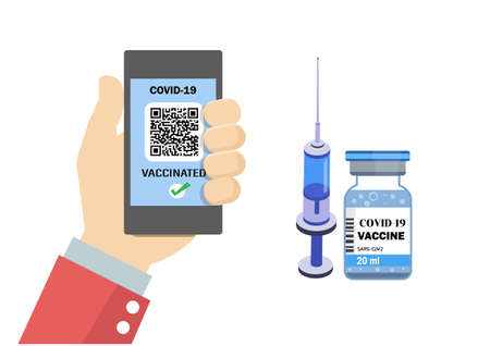 Smartphone Screen with QR Code, Electronic Passport of Immunity with COVID-19 Vaccination. Flat style cartoon illustration vectorのイラスト素材