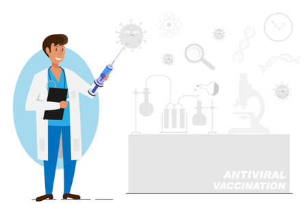 Scientists around the world are researching the coronavirus. To prevent the outbreak Flat style cartoon illustration vectorのイラスト素材