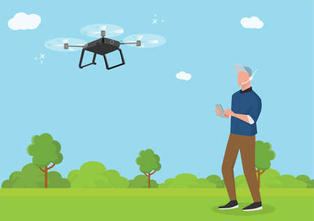 A young man practicing drone flight At the city park. Flat style cartoon illustration vectorのイラスト素材