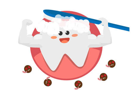 Happy tooth icon Cute tooth character to show strength Brushing teeth with toothpaste Vector illustration for children's dentistry oral hygiene cleaning teethのイラスト素材