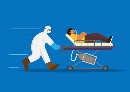 Staff in PPE gown with COVID-19 patient move emergency bed to ICU Medical Flat Style, illustration.のイラスト素材