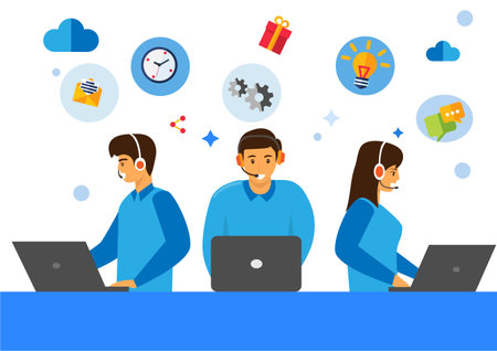 Customer Service Hotline service provider advises customers with a computer headset. Call processing system call center vector illustrationのイラスト素材