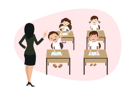 A school with characters Students and teachers in classroom conceptual situations Elementary education cartoon vector pictureのイラスト素材