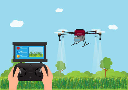 The future of farming: Farmer controls the use of drones to spray fertilizer on green pastures. Agricultural technology innovation concept Vector illustrationのイラスト素材