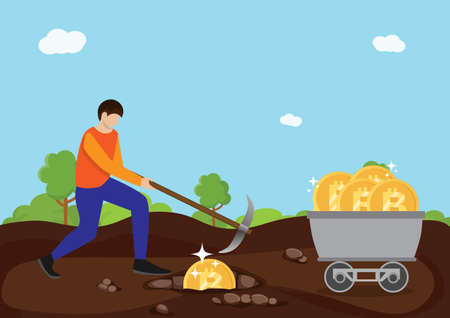 Cryptocurrency concept with businessman miner and coins. Young man with pickaxe working in bitcoin mine, Flat style cartoon illustration vectorのイラスト素材