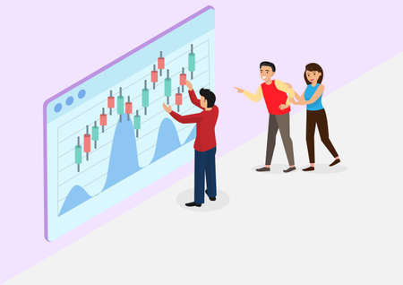 Investment analysis Banner in flat style Teaching financial literacy. Professionals show profit graphs. Investment for beginners Flat style cartoon illustration vectorのイラスト素材