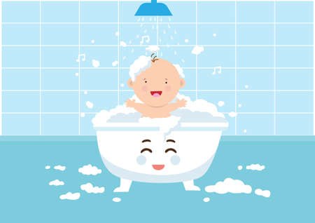 Funny little boy plays with water and foam in the big bathtub. Flat style cartoon illustration vectorのイラスト素材