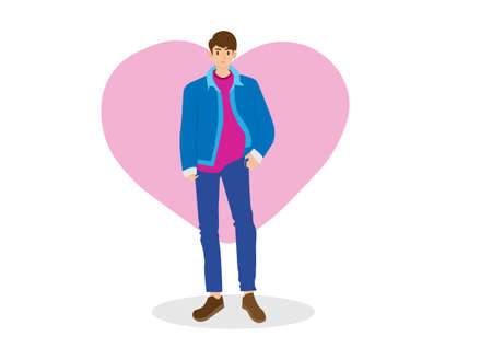 A handsome young man character standing in a blue coat and blue jeans. front view of man in casual clothes Isolated vector illustration in cartoon style.のイラスト素材