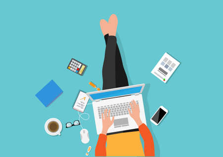 Working top view , male employee is thinking of finance and accounting to find the balance sheet for the establishment of the company. Flat style cartoon illustration vectorのイラスト素材