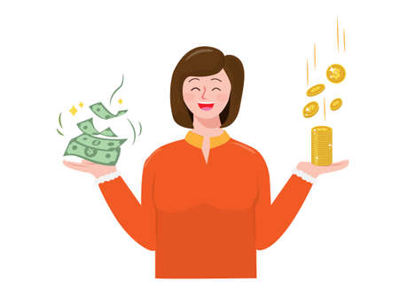 happy gesture woman With holding coins and banknotes on both sides. Economic growth and investment concept vector illustration.のイラスト素材
