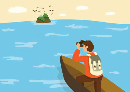 businessman on boat with binoculars He is looking for customers The concept of the sea and the waves is a journey. The island is like meeting customers. Flat style cartoon illustration vectorのイラスト素材