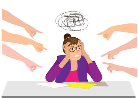 The woman was surrounded by people pointing fingers at her. The concept of insulting public abuse.  Flat style cartoon illustration vectorのイラスト素材