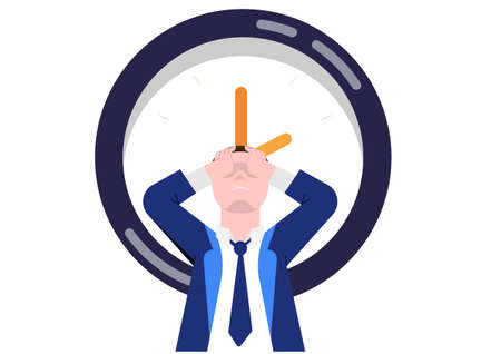 Businessman under stress when he is stressed and high anxiety that the work will not be completed in time flat style cartoon illustrationのイラスト素材