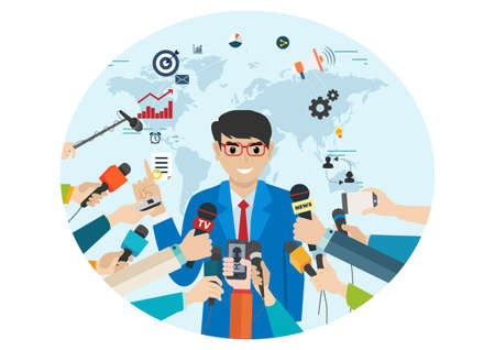 Press releases, live broadcasts, online media, interviews, successful businessmen hand of reporter with microphone flat vector illustrationのイラスト素材