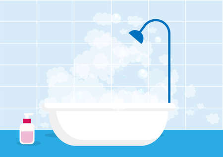 Bathtub with foam inside and bathtub isolated on a light blue tiled background bath time in flat style vector illustrationのイラスト素材