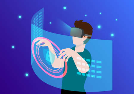 A young hacker wearing vr glasses stands to touch the interface in the virtual world. future technology flat isometric vector illustrationのイラスト素材