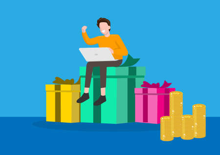 happy man earn money with the help of computer wealth coins and prizes flat laptop vector illustration free prosperous ideas and finance flat style cartoon illustration vectorのイラスト素材