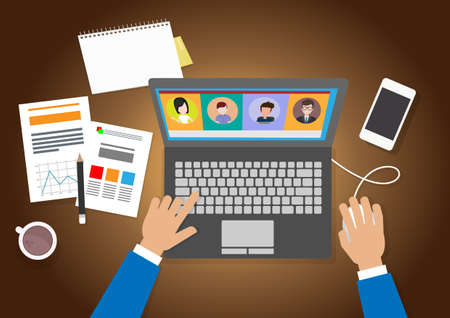 Businessman online meeting concept using laptop. Flat style cartoon illustration vectorのイラスト素材