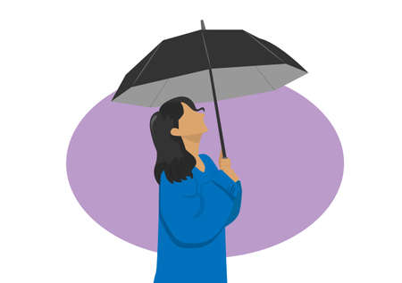 cartoon character woman holding black umbrella she looks sad flat design concept element vector illustration of seasonal symbolsのイラスト素材