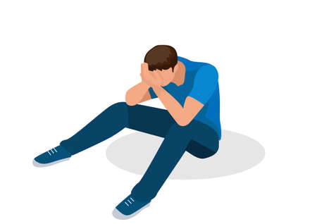 man sitting sad or crying The concept of depression or loneliness. unhappy man Victims of Hate or Bullying. Flat style cartoon illustration vectorのイラスト素材