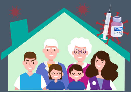 Family father mother daughter son grandfather grandmother prevent epidemic with vaccination against Covid-19 virus. Flat style cartoon illustration vector.のイラスト素材