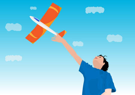 happy boy playing with orange plane outdoors Ideas for children and entertainment. Flat style cartoon illustration vectorのイラスト素材