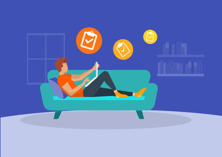 man with laptop on sofa Due to the coronavirus outbreak situation, work from home to stop the outbreak. independent or educational ideas cute illustration in flat styleのイラスト素材