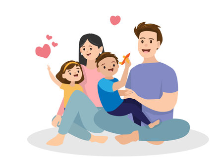 happy family with living together with parents and children have time to take care of each other closely flat style cartoon illustration vectorのイラスト素材