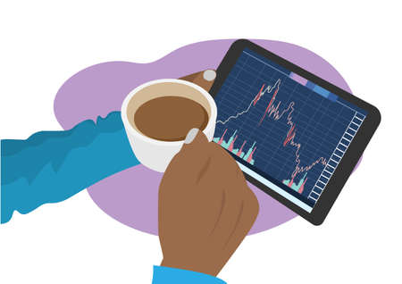 Investor watching the change of stock market on tablet. Flat style cartoon illustration vector