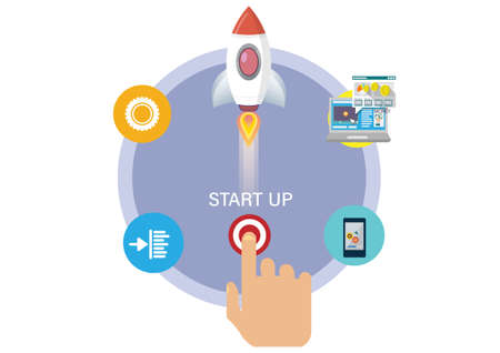 Start up a rocket launch  with options or processes for business presentations. Flat style cartoon illustration vectorのイラスト素材