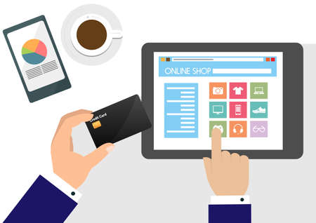 online shopping desktop business man buying joystick device Used for playing games on tablets. Flat style cartoon illustration vectorのイラスト素材