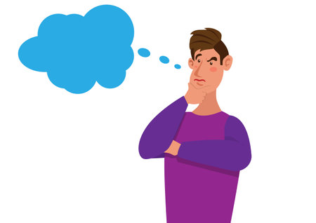 the posture of a young man thinking with a word balloon A man puts his hand under his chin and thinks. vector illustration male characterのイラスト素材