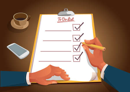 pencil in hand of businessman in large checklist with check mark, business organization and vector concept Check the list with a marker.のイラスト素材