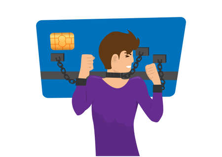 Businessman chained to credit card The concept of luxury and credit slavery. Flat style cartoon illustration vectorのイラスト素材