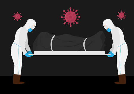 Covid-19 is causing more deaths every day. Staff shrouds corpse of coronavirus covid-19, vector illustration, flat style cartoonのイラスト素材