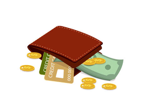 Gold coins, credit cards and wallets with dollar bills in the wallet. money saving concept isolated cartoon style vector illustrationのイラスト素材