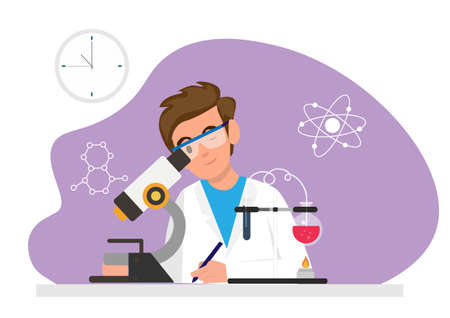 a scientist working in a lab male character doing a microscope experiment vector illustration in flat styleのイラスト素材