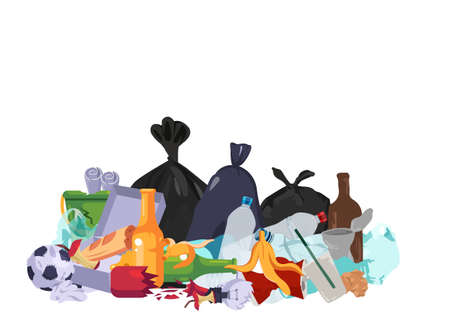 many garbage bags Plastic waste on the pavement, food scraps, broken bottles, cardboard boxes, plastic bags and plastic straws. flat style cartoon illustration vectorのイラスト素材