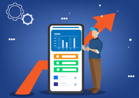 Businessman checks success with business processes and infographics on business charts. Flat style...