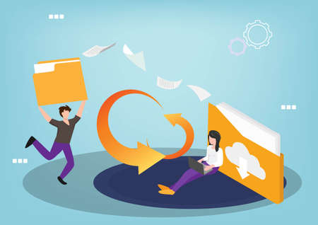 Sharing file, file transferred encrypted form, transfer of documentation, migration concept, Flat style cartoon illustration vector&#xD;&#xA;のイラスト素材