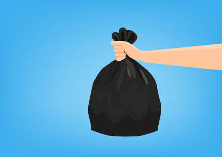 Hand holding a black plastic bag to dispose of rubbish. blue background, flat style cartoon illustration vector illustrationのイラスト素材