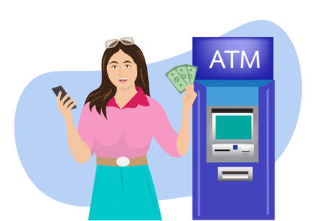 A young woman holds cash from a mobile banking application on her smartphone withdrawing money from an ATM. bank application vector illustration in cartoon styleのイラスト素材